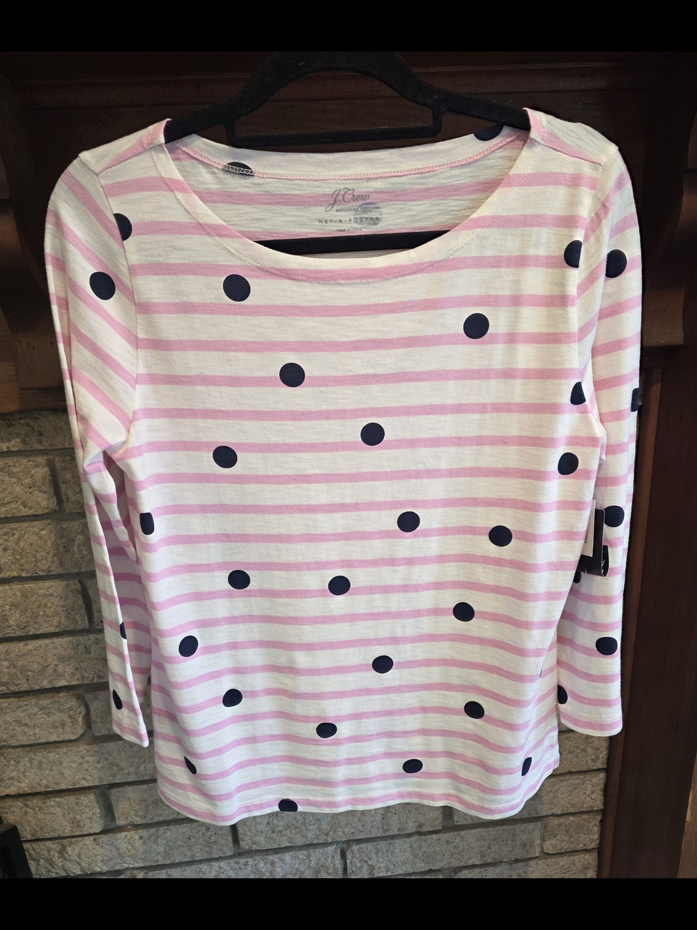 J. Crew Women’s Pink Stripe Long Sleeve Top with Navy Dots - Picture 2 of 6